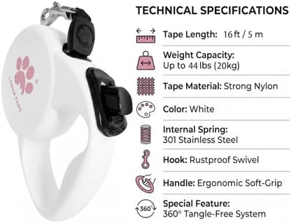 Retractable Dog Leash, 16ft Heavy Duty Nylon Tape for Medium Dogs up to 44 lbs, One-Hand Brake & Lock, Tangle-Free, Ergonomic 3" Large Handle, Lightweight White M GC-DAN - Image 4