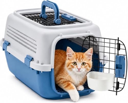 23" Airline Approved Cat Carrier Hard Shell, Dual-Entry Pet Carrier with Top & Front Doors, Detachable Food Bowl & Secure Lock, Breathable Dog Carrier for Cats & Small Dogs Up to 22 lbs - Blue by SimpleDeluxe