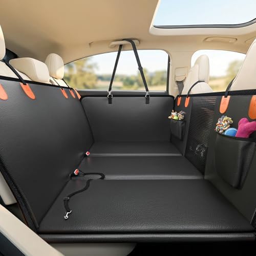 Back Seat Extender for Dogs, Hard Bottom Dog Car Seat Cover for Back Seat, Upgraded Waterproof PU Leather, Easy to Clean, Anti-Scratch & Durable Dog Hammock for Car and SUV, Holds 400lbs, Black by Unknown