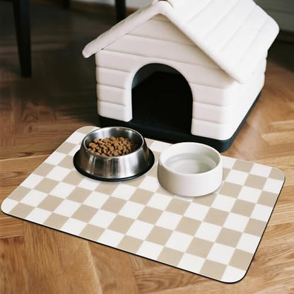 CooRug Checkered Dog Food Mat, Pet Feeding Mat 24" L x 16" W, Beige - Image 3