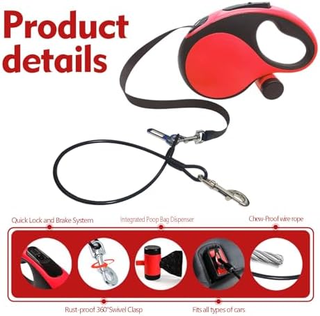 26Ft Retractable Dog Leash with Chew Proof Cable,Heavy Duty Dog Leash with Removable Poop Bags for Medium Large Dogs up to 110lbs,Strong Nylon Tape No Tangle,One-Handed Brake (Red) - Image 3