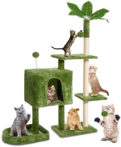 52inch Large Cat Tree Tower Condo with Hammock for Indoor Cats, Soft Plush Multi-Level Climbing Tree Cat House with Cat Cave, Scratching Post, Sisal Rope, Green by TSCOMON
