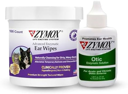 PET KING BRANDS ZYMOX Enzymatic Ear Wipes & Otic Solution Hydrocortisone Free for Dogs & Cats - Product Bundle - For Dirty, Waxy, Smelly Ears & to Soothe Infections, 100 Count Wipes & 1.25oz bottle by PKB+Animal+Health