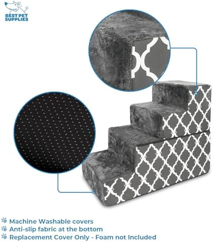 Best Pet Supplies Dog Stairs & Steps - Foam Steps for Small Dogs & Cats, Non-Slip Indoor Balanced Pet Step Support, Dog Ramp, No Assembly, Gray Lattice Print, Foldable 4-Step (22-inch Height) - Image 3
