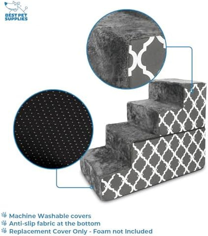 Best Pet Supplies Dog Stairs & Steps - Foam Steps for Small Dogs & Cats, Non-Slip Indoor Balanced Pet Step Support, Dog Ramp, No Assembly, Gray Lattice Print, Foldable 4-Step (22-inch Height) - Image 3