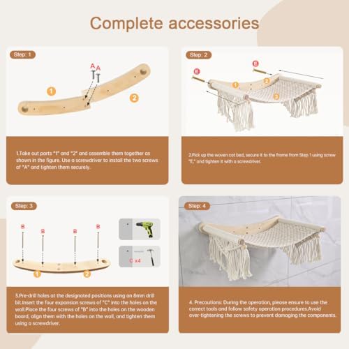 Macrame Cat Wall Shelves & Hammock - Comfy Cat Beds with Window Perch for Indoor Cats, Sleeping & Climbing, Cotton Rope, Natural Wood, Maximum Hold up to 30lb, Beige White - Image 6