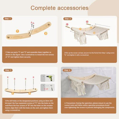 Macrame Cat Wall Shelves & Hammock - Comfy Cat Beds with Window Perch for Indoor Cats, Sleeping & Climbing, Cotton Rope, Natural Wood, Maximum Hold up to 30lb, Beige White - Image 6
