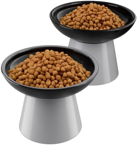 LoeJan Ceramic Cat Bowls, Elevated Cat Food and Water Bowls Set, Extra Wide and Raised Ceramic Bowls, Anti-Vomit Whisker-Free Pressure Cat Feeder for Kittens to Adult Cats by LoeJan