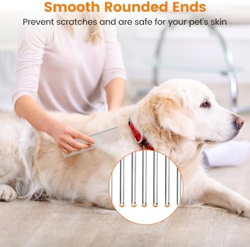 PETTOM 2Pcs Stainless Steel Dog Comb, Round Tooth Cat Comb with 2 Tooth Widths, Metal Combs for Removing Knots and Tangles, Grooming Tool for Long and Short Hair Pets, 7.5 IN Silver - Image 4