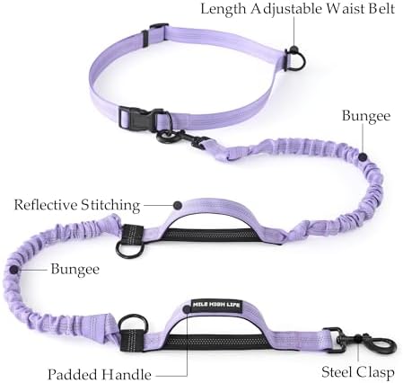 Mile High Life Hands Free Leash, Waist Leash for Dog Running Training and Jogging, Adjustable Belt with Double Padded Handle, Reflective Bungee for Medium Large Dogs (Light Purple, 7FT) - Image 4