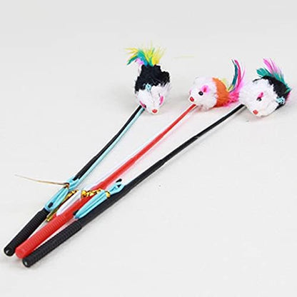 Bluelanss Cat Feather Toy, Interactive Cat Toy, Mouse Feather Pet Teaser, Retractable Cat Teaser Wand with Bell for Indoor Cats Kitten Play, Exercise, Activity & Fun Random Color (1pcs)