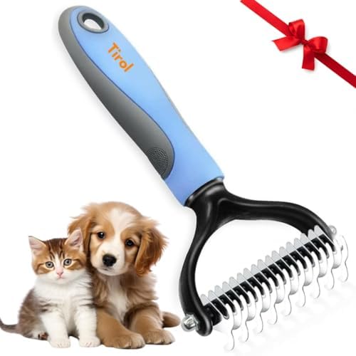 TIROL Dematting Comb for Dogs, Pet Grooming Rake, Double-Sided Dog Brush for Shedding, Undercoat Mat Dematting Tool for Long Haired Cats, Deshedding Brush for Cats, Blue by Unknown