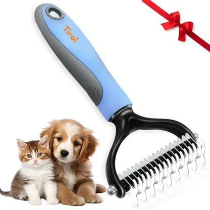 TIROL Dematting Comb for Dogs, Pet Grooming Rake, Double-Sided Dog Brush for Shedding, Undercoat Mat Dematting Tool for Long Haired Cats, Deshedding Brush for Cats, Blue by Unknown