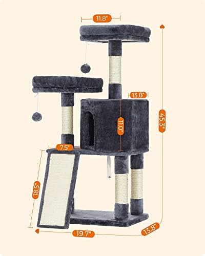 Feandrea Cat Tree, 45.3-Inch Cute Cat Tower, Plush Climbing Condo, Gray - Image 6