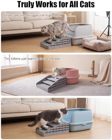 Adjustable Cat Stairs, Litter Box Step DIY Stackable with Litter Catcher & Anti-Tracking Grid, Non-Slip Cat Staircase for Senior Small Cats Kittens, Fit Most Litter Boxes (Grey) - Image 4