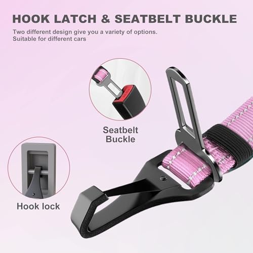 IOKHEIRA Dog Seat Belt 3-in-1 Car Harness for Pets Adjustable Safety Seatbelt Nylon Reflective Bungee Fabric Dog Car Harness with Clip Hook Latch & Buckle, Swivel Zinc Alloy Carabiner (Pink) - Image 2