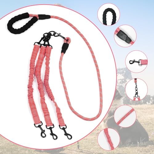 Dog Double Leashes,Rope Bungee Three Leash with Padded Handle Removable for 3 Dogs,Tangle-Free, Padded Handles, 360° Swivel Control (Pink, 5 Way) - Image 3