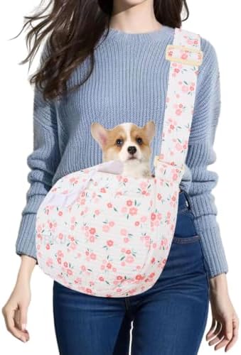 Small Dog Carrier Sling,Dog Slings for Small Dogs,Hand Free Dog Carrier Cat Sling for Outdoor Traveling Subway (Red Flower Adjustable) by CatBrush