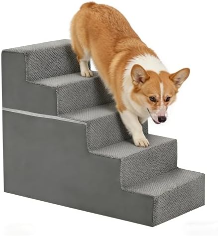 Simple Deluxe Dog Stairs for Small Dogs, 5-Step Dog Step for Puppy, Older Cat, Medium Pet Ramp for Sofa, Couch or Chair, Indoor Non-Slip Pet Ladder with High Density Foam, Gray by SimpleDeluxe