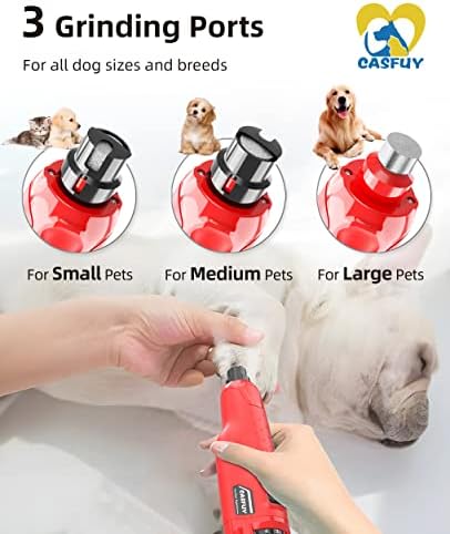 Casfuy Dog Nail Grinder Quiet - (45db) 6-Speed Pet Nail Grinder with 2 LED Lights for Large Medium Small Dogs/Cats, Professional 3 Ports Rechargeable Electric Dog Nail Trimmer with Dust Cap(Red) - Image 3
