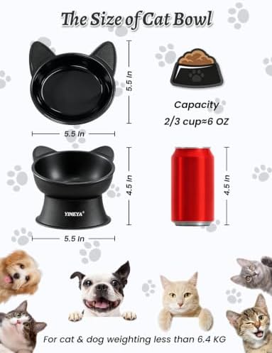 YINEYA Elevated Cat Bowls 2 Pcs, Cat Food Bowl to Protect Neck & Anti-Vomit, Whisker-Friendly Raised Food and Water Bowls Set for Indoor Cats/Small Dogs, Cute Pet Feeding Bowl 6 OZ Each, Black&White - Image 4