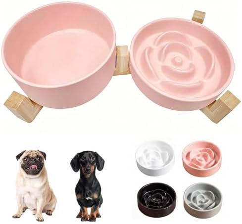 Ceramic Slow Feeder Dog Bowl Set-0.8 Cup Puzzle Dog Food Bowl（≈180g Food） for Fast Eater & 850ML Dog Water Bowl with Wooden Stand for Small Dogs and Cats,Anti-Slip-Pink by Unknown