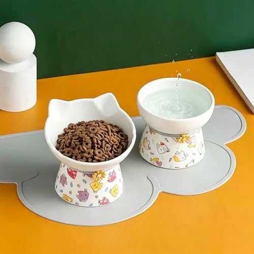 Elevated Ceramic Cat Bowls，15° Tilted Raised Cat Food Bowl, Anti Vomiting Pet Feeder, Protect Pet's Spine, Feeding Dish for Indoor Kittens and Small Dogs,（ Cat Pattern） - Image 6