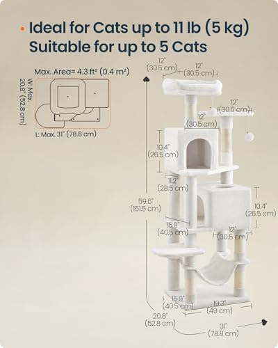 SONGMICS HOME Cat Tree for Indoor Cats, Multi-Level Cat Tower with Sisal Scratching Posts, Hammock and Condo, White - Image 5