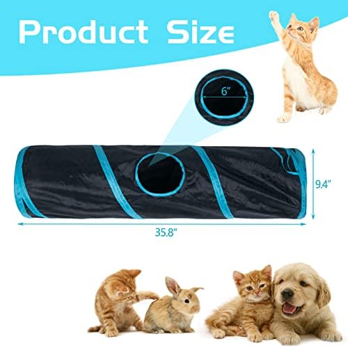 Sheldamy Cat Tunnel, 2-Way Collapsible Play Tunnel, Interactive Toy Maze for Small Animals, Suitable for Kittens, Puppies, Rabbits, Ferrets, Blue & Black - Image 2