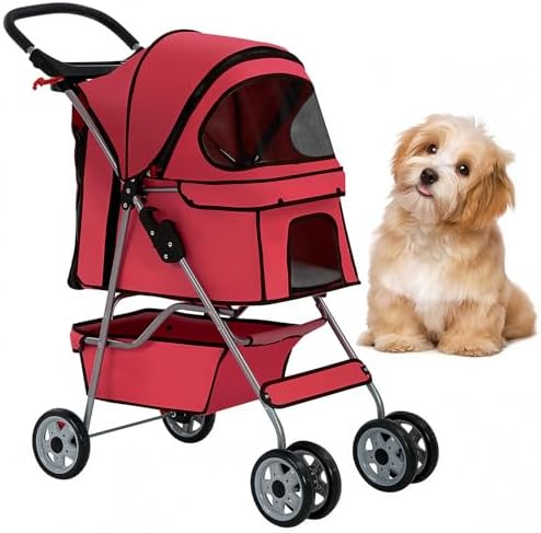 BestOffice Pet Stroller for Small Medium Dogs & Cats, 4-Wheel Foldable Dog Stroller with Cup Holder, Lightweight Travel Carrier, Waterproof Design for Outdoor Walks, Red by BestOffice