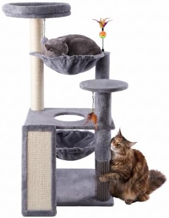 Multi-Level Cat Tree for Indoor Cats, Cat Tree Tower with Big Cat Hammock and Self-Grooming Brush, Cat Tower with Scratch Ladder, Indoor Climbing Activity Tower with Scratching Posts, Grey by Ikviier