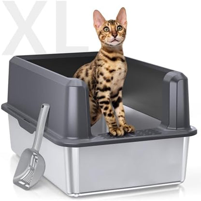 Stainless Steel Cat Litter Box, XL High Sided Open Top Litter Pan, 1 Scoop by CatLitterBox