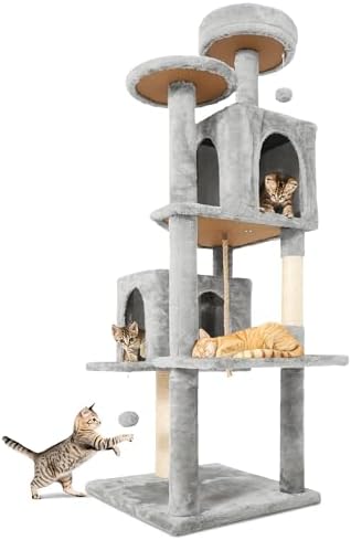 58.5inch Large Cat Tree Tower Condo for Indoor Cats, Soft Plush Multi-Level Climbing Tree Cat House with Cat Cave, Scratching Post, More Entrance/Exit, Sisal Rope, Light Grey by TSCOMON