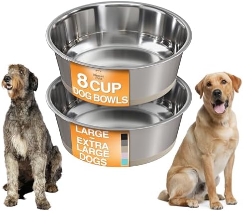 Neater Pet Brands Stainless Steel Dog Bowls with Non-Slip Rubber Bottom – Set of 2, 8 Cup (64 oz), Tan - Heavy Duty Metal Dog Bowl, Dishwasher Safe, Food or Water Bowl, Ideal for Large Dogs by NeaterPetBrands