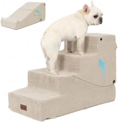 4-Step Dog Stair and Ramp for Small Dogs and Cats, Pet Steps for Bed with Non-Slip Bottom, Beige by SIEMOUR