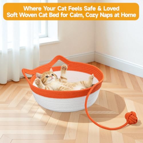 Cotton Rope Woven Cat Bed, Instinct Pet Basket with a Play Ball, Large - Image 6