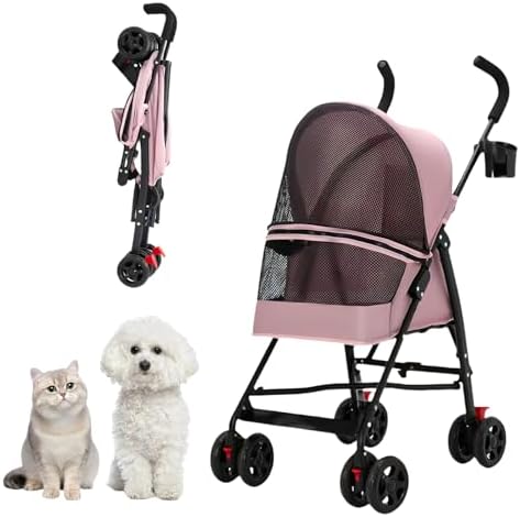 Cat Stroller Foldable Lightweight for Small Dogs Cats 0-15 lbs Pink by Unknown