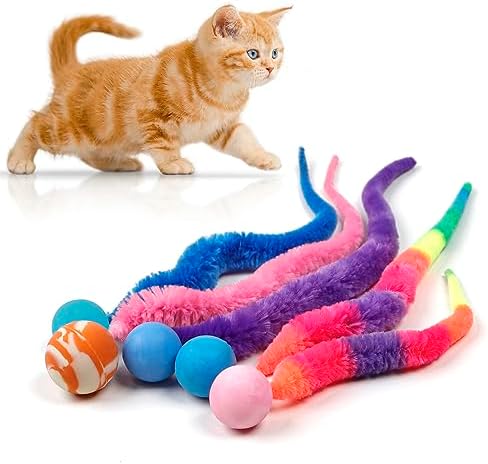 SHENGSEN Mixed Bouncy Ball with Tail Cat Toys-5 Packs,Rainbow Magic Worm with Ball Toy for Cats,Colorful Fuzzy Worm Bouncy Balls Cat Toy by SHENGSEN