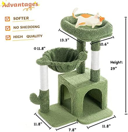 Pesofer Cactus Cat Tree, Small Cat Tower with Sisal Scratching Post and Hammock Green - Image 2