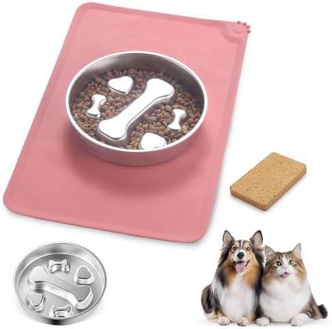 Stainless Steel Slow Feeder Dog Bowls – Non-Slip Metal Dog Bowl for Large & Medium Breeds, Puppy Puzzle Feeder – 2 Cup Capacity for Small to Big Pets – Durable Slow Feed Dog & Cat Food Dish with Mat by Unknown