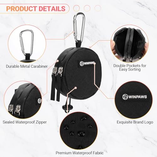 Dog Poop Bag Holder for Leashes- Dog Treat Pouch with Waterproof Zipper,Puppy Training Small Bag with Carabiner & Bungee Toggle,Two Pockets for Dry or Wet Treats-Pet Travel Walking Essentials (Black) - Image 3