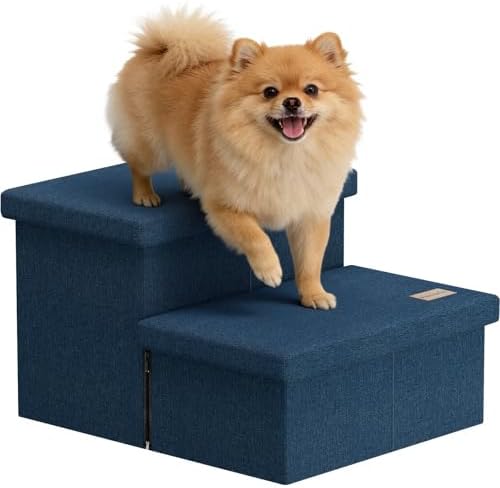 2-Step Wide Dog Stairs with Storage 11" H, Non-Slip Sturdy Pet Steps for Couch Chair, Dog Steps for Small/Medium Old Dogs, Cats, Rabbits Up to 150lbs, Foldable Cat Puppy Stairs for Car, Navy by Fecuria