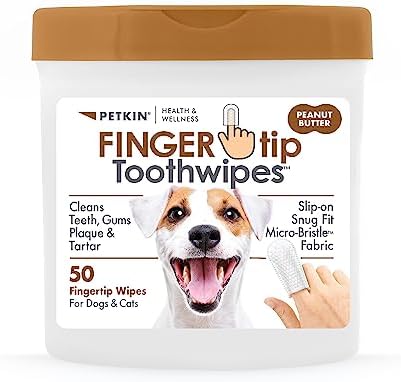 Petkin Fingertip Tooth Wipes for Dogs and Cats, 50 Finger Wipes - Slip-On, Snug Fit, Micro-Bristle Fabric - Cleans Teeth, Gums, Plaque & Tartar - Convenient, Ideal for Home and Travel - Peanut Butter by Petkin