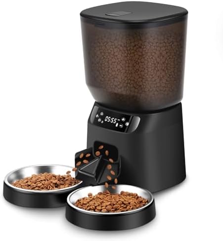 Automatic Cat Feeders for Two Cats, 5L/20 Cups Double Automatic Cat Food Dispenser with 2 Stainless Bowls, Timer Setting 20 Portions 6 Meals Per Day, 10s Meal Call (Black) by Katalic