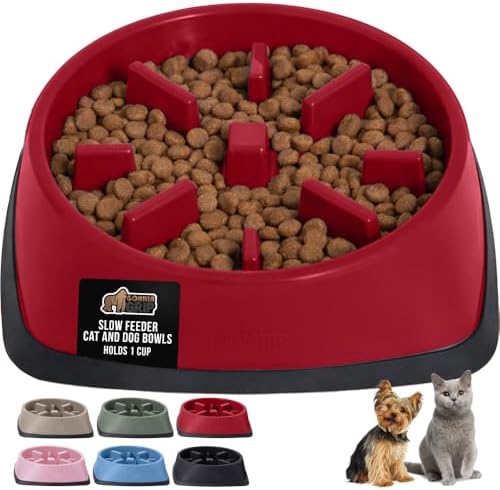 GORILLA GRIP® Patented Slow Feeder Dog and Cat Bowl, BPA Free, 1 Cup Red by GorillaGrip