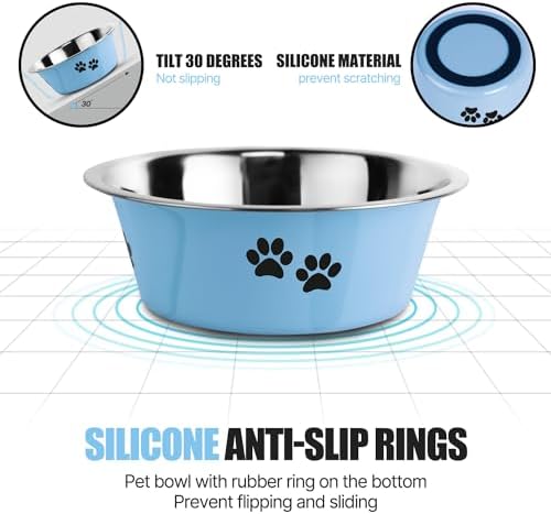 Stainless Steel Dog Bowls, Nonslip Rubber Bottom No Spill Proof Skid Metal Insulated Dog Bowls for Large Medium Small Breed Dogs (Blue, 3.6 Cups/29 OZ) - Image 2