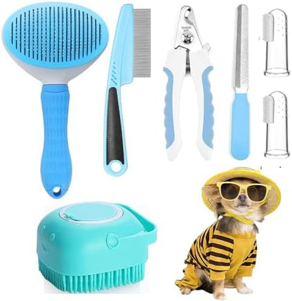 7pcs Pet Grooming Kit, Self-Cleaning Brush Shedding Kit with Nail Clipper, Flea Comb, Shampoo Bath Brush, Finger Toothbrush, Storage Bag (Blue) by Qubccum