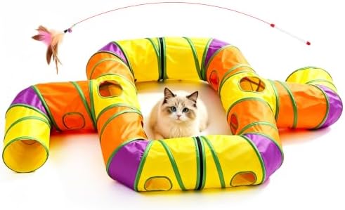 2 in 1 Cat Tunnel Set, Large DIY Free Splicing Cat Tunnels with Zipper, Collapsible Play Tunnel with Teaser Wand and Peek Holes, Interactive Pet Tube for Indoor Cats, Puppy and Rabbits (2 x T Shape) by JoneRise