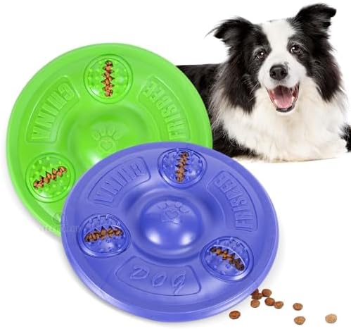 2Pcs Dog Frisbee with Treat Holes,8'' Soft TPR Flying Disc Chew Toy for Dogs, Treat Dispensing Fetch Toy for Outdoor Play & Exercise, Stress Relief Dog Toy(Purple ×1 + Green ×1) by Unknown
