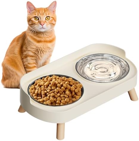 Elevated Cat Bowl, Raised Cat Food and Water Bowl Set for Indoor Cats, Splash Proof with 2 Stainless Steel Pet Food Bowls for Cats and Puppies, Whisker Fatigue and Dishwasher Safe - White by HIAIEVIY